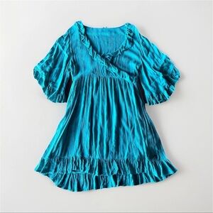 Romantic Roxy Teal Dress with Ruffles Faux Wrap Large Fairycore Boho Coastalcore